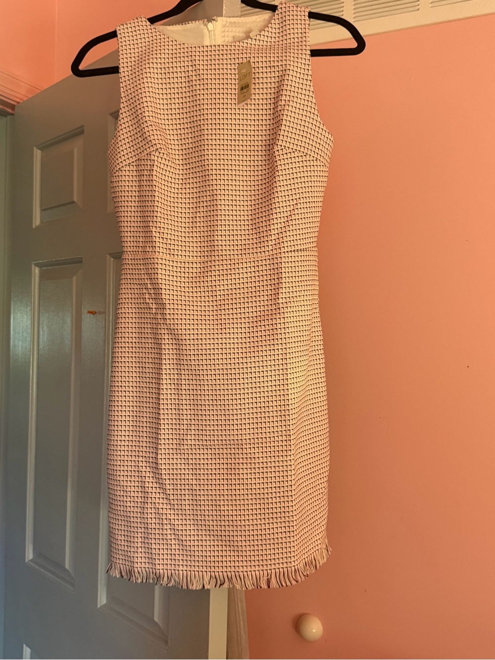 LOFT Pink and White Tweed Sleeveless Sheath Dress with Fringe